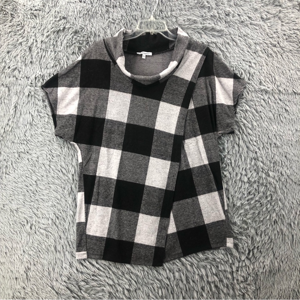 Serengeti Top Womens Large Plaid Checkered Faux Wrap Mock Neck Soft